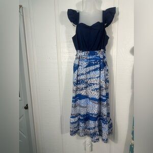 C Wonder Blue Floral Flutter Sleeve MIDI  Dress Size Large NWT